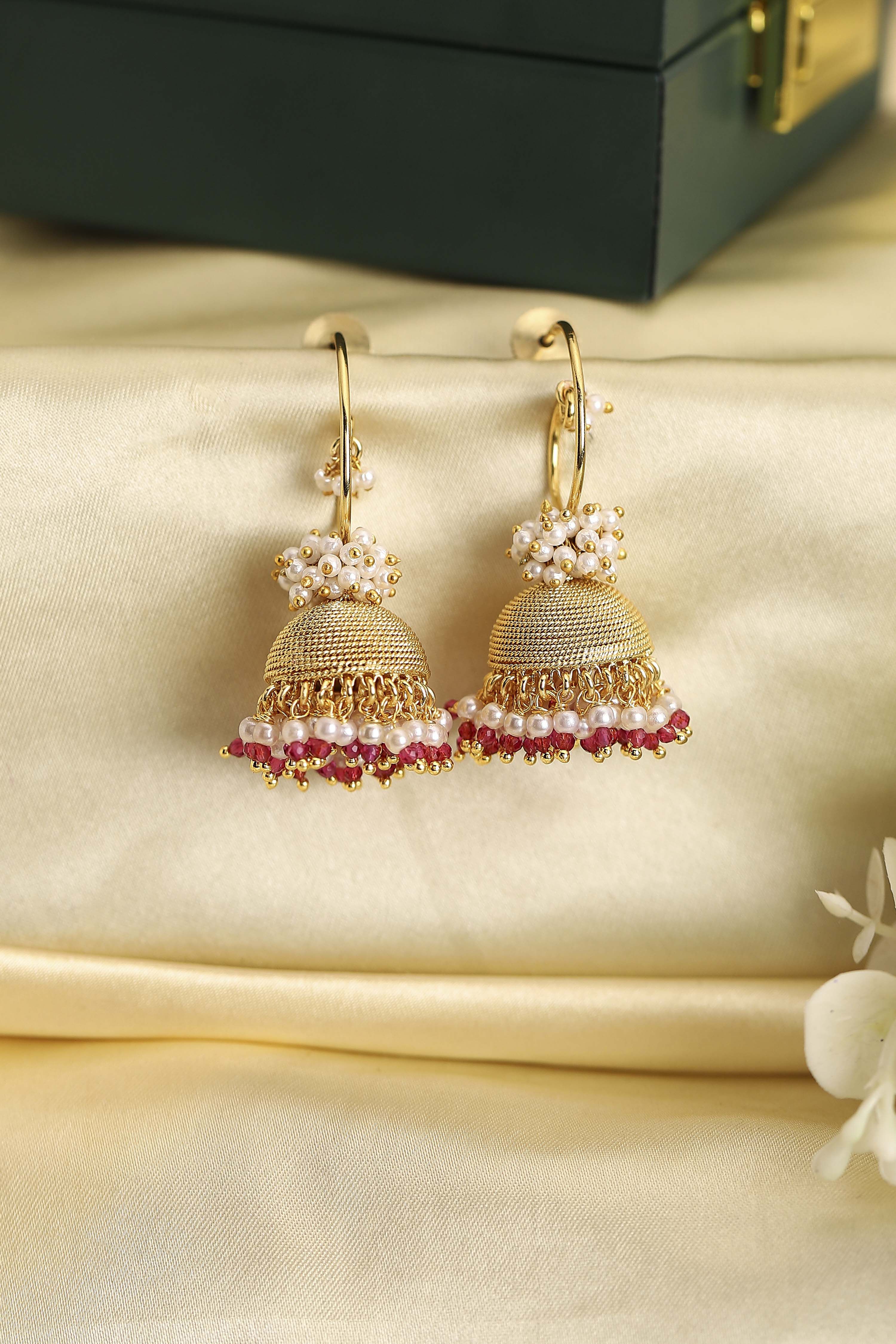 Pink Gold Plated Brass Pearl Studded Jhumkas image number 0