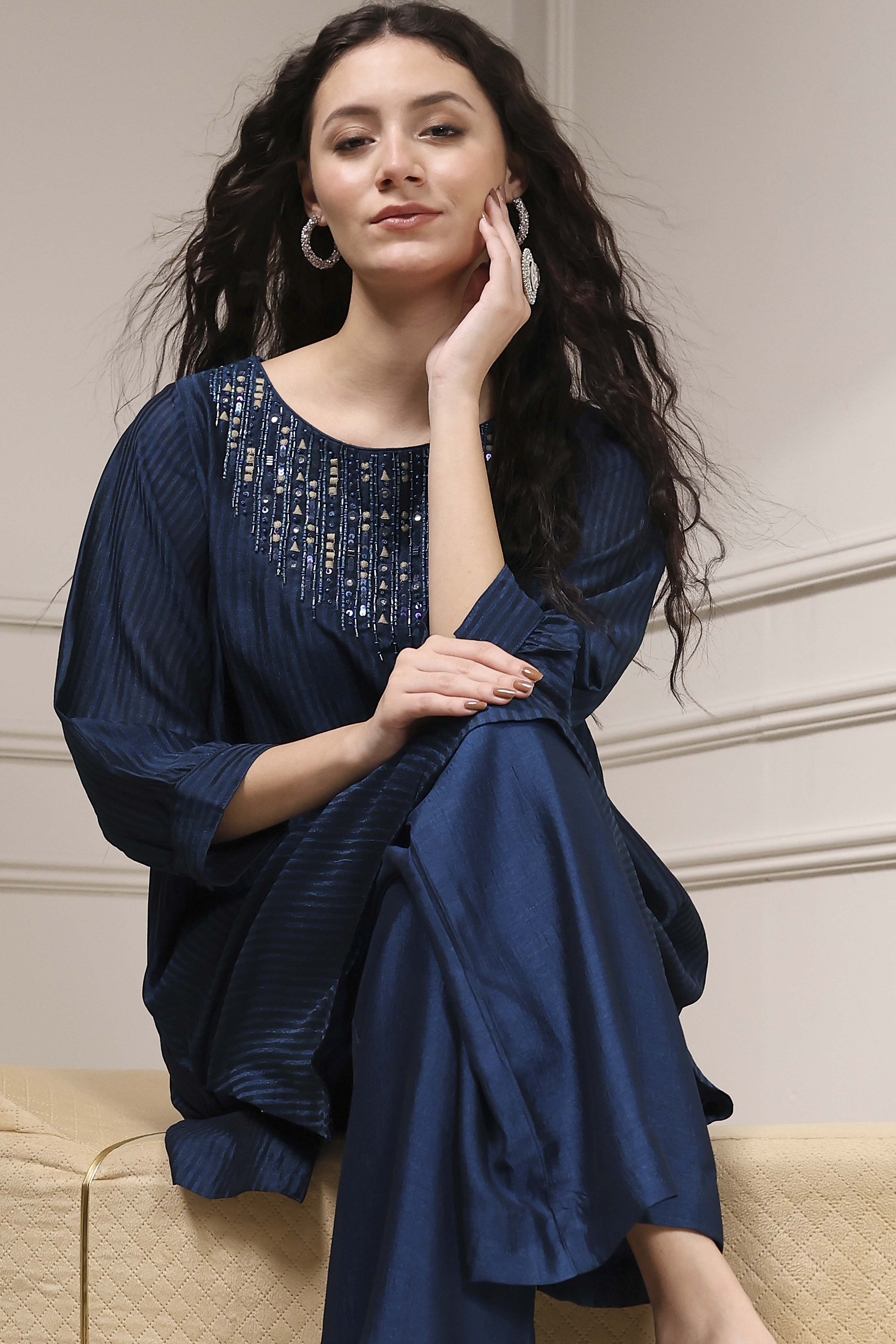 Blue Self-Designed Straight Kurta Set image number 7