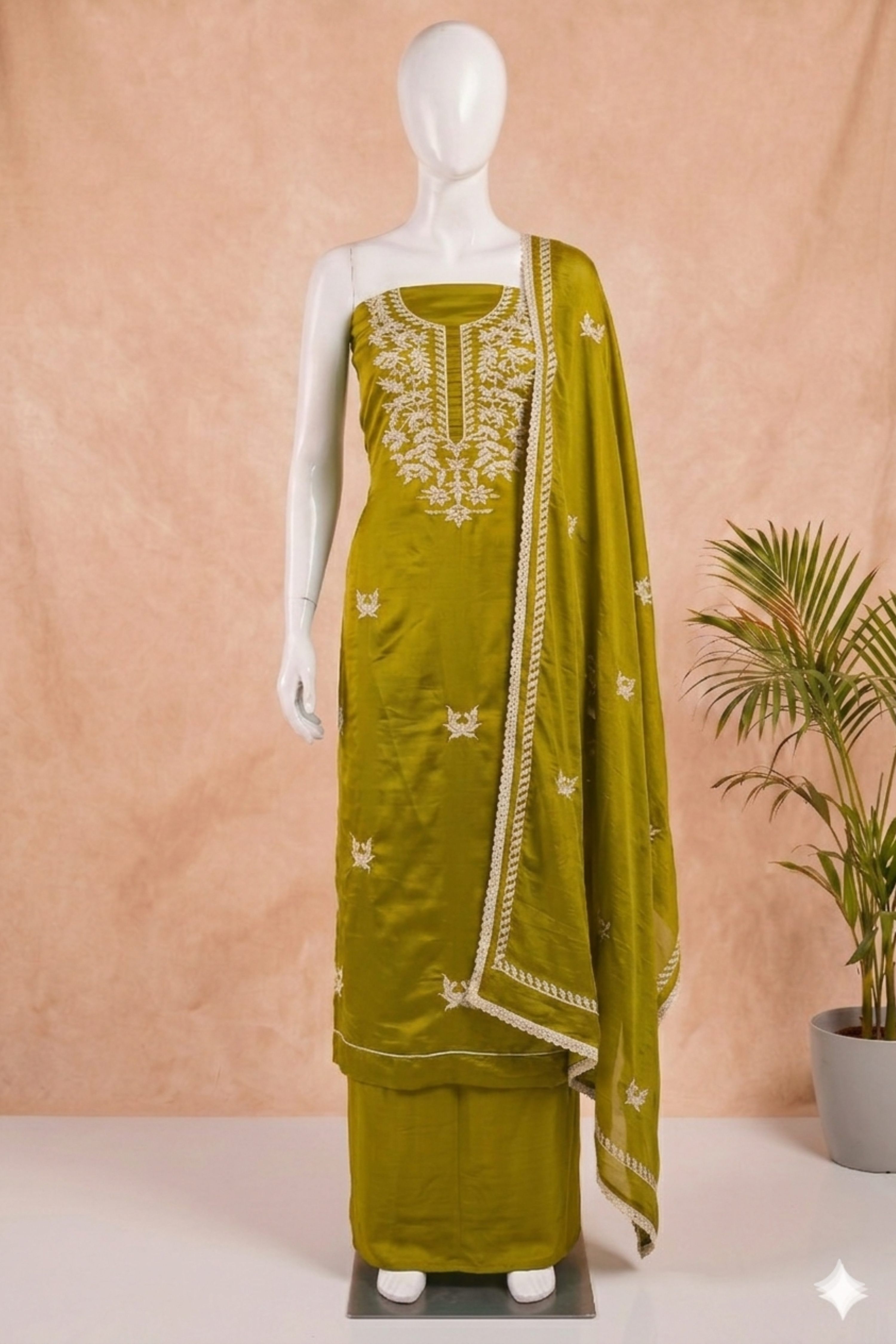 Green Chanderi Printed Unstitched Suit Set image number 4