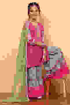 Pink Cotton Floral Printed Asymmetric Suit Set image number 0