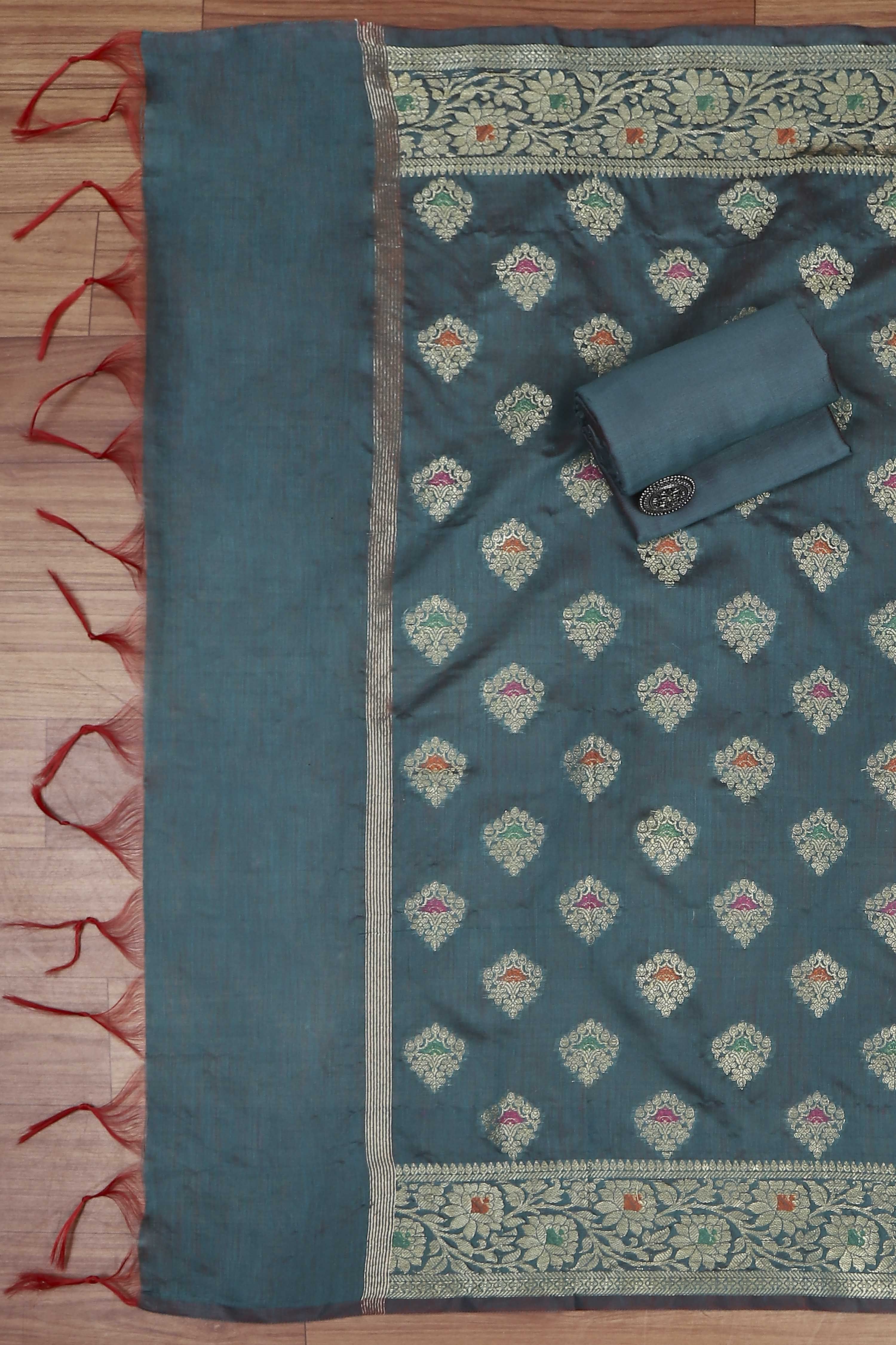 Red Cotton Printed Embroidered Unstitched Suit Set image number 3
