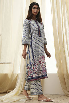 Off-White Cotton Printed Straight Suit Set image number 0