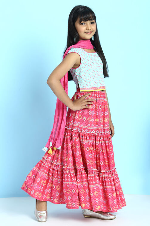 Sky Blue And Pink Cotton Straight Kurta Lehenga Suit Set image number 4