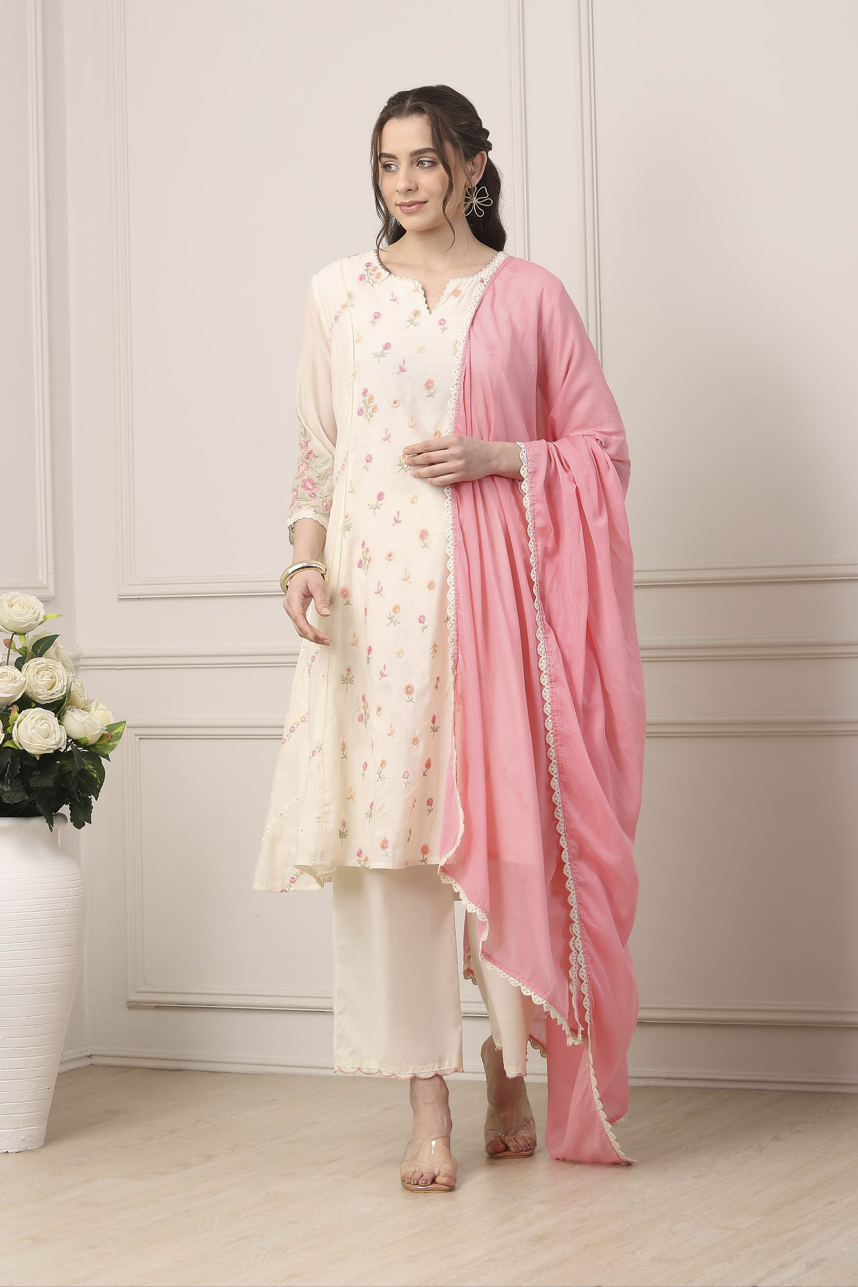 White Poly Chanderi Floral Printed Kalidar Suit Set image number 6