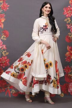 Rohit Bal Off White Cotton Silk Anarkali Printed Suit Set image number 6