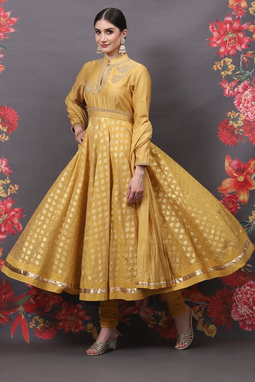Rohit Bal Yellow Cotton Silk Anarkali Yarndyed Suit Set image number 5