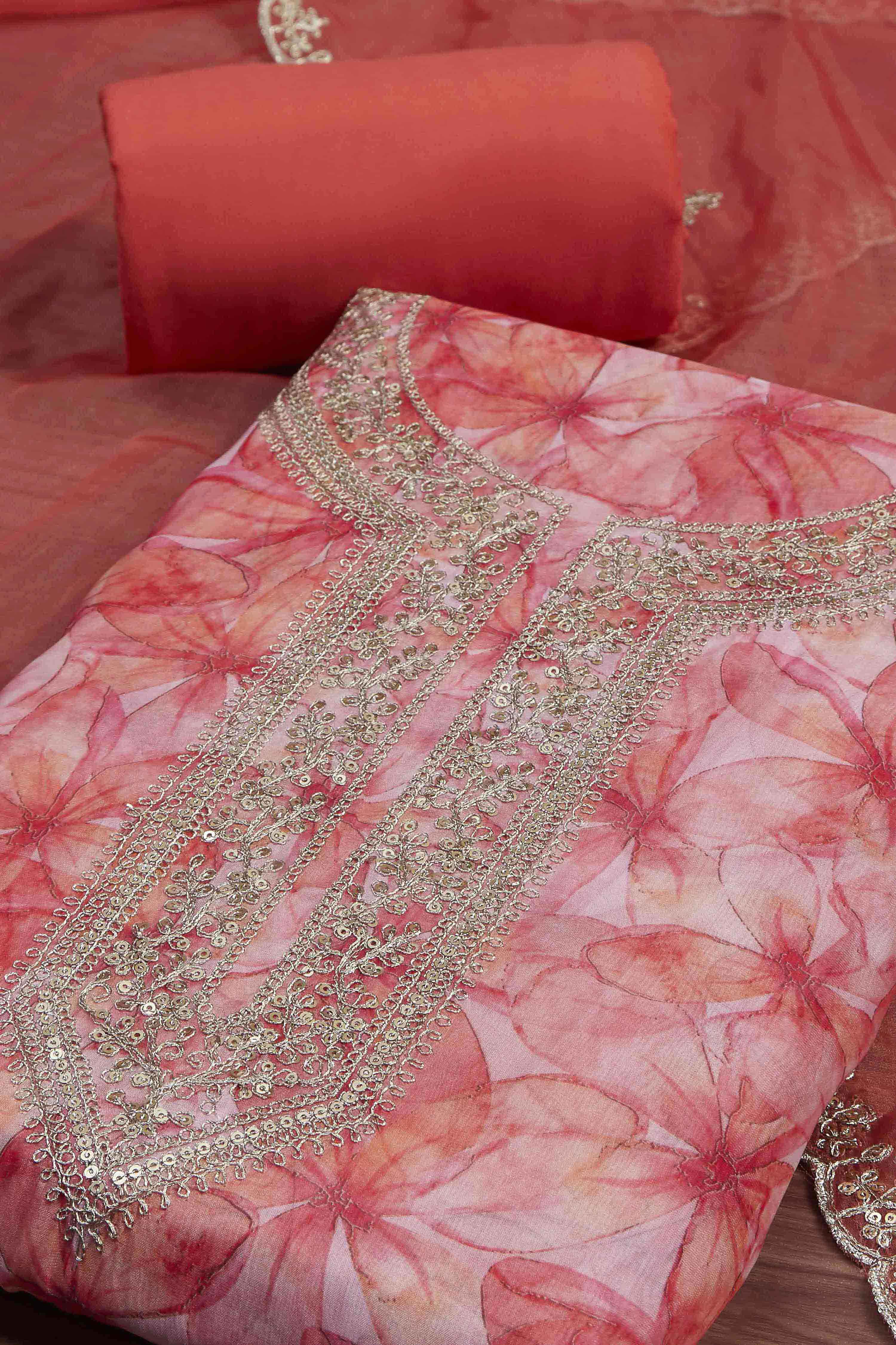 Peach-Colored Organza Rajasthani Print Unstitched Suit Set image number 1