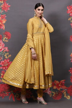 Rohit Bal Yellow Cotton Silk Anarkali Yarndyed Suit Set image number 6