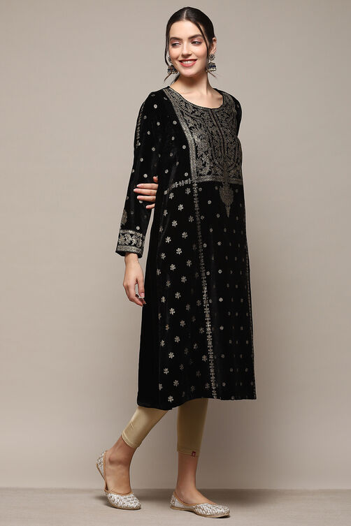 Black Poly Velvet Straight Printed Kurta image number 4