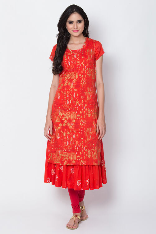 Red Cotton Flared Printed Kurta image number 0