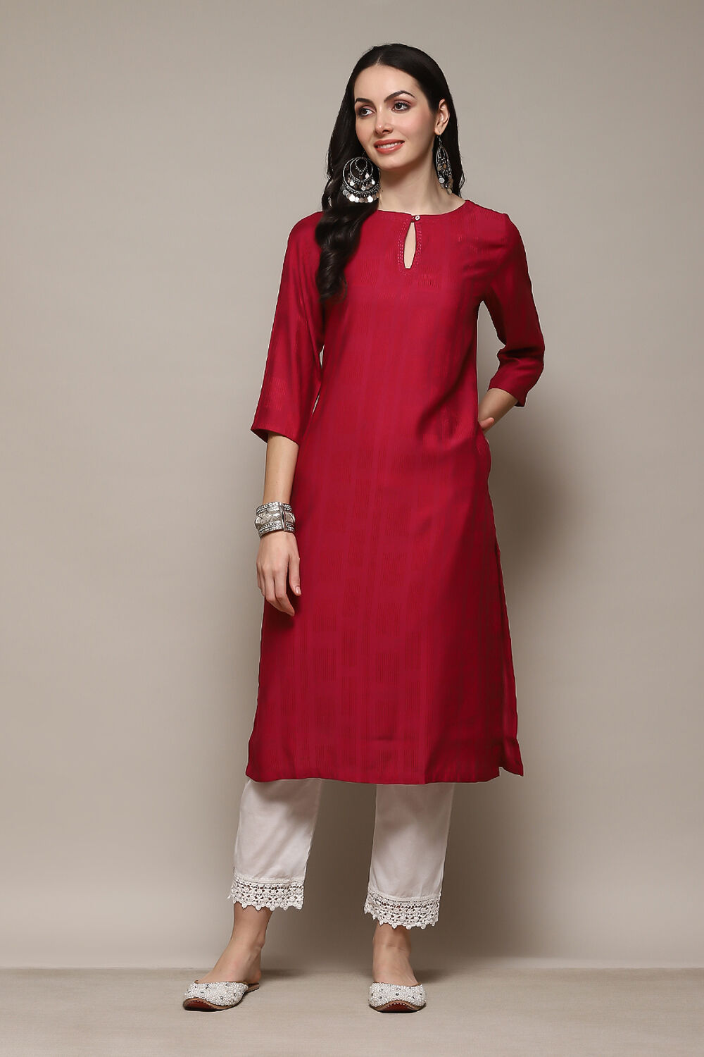 Berry Poly Viscose Straight Yarndyed Kurta image number 5