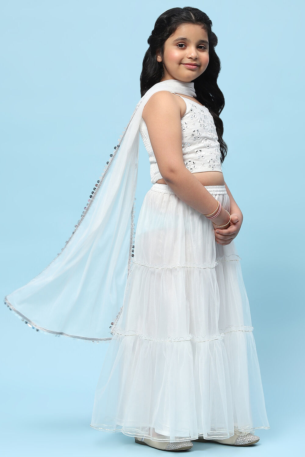 White Poly Chanderi Mirror Work Tiered Lehenga Set image number 6