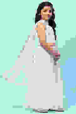 White Poly Chanderi Mirror Work Tiered Lehenga Set image number 6