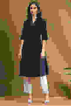 Navy Blue Cotton Solid Pleated A-Line Kurta image number 0