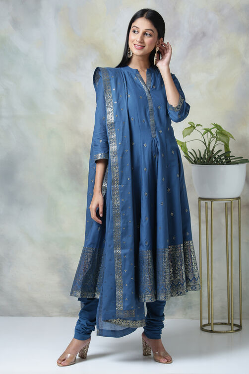 Blue Cotton Kalidar Kurta Churidar Suit Set image number 7