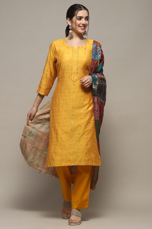 Yellow Cotton Unstitched Suit set image number 8