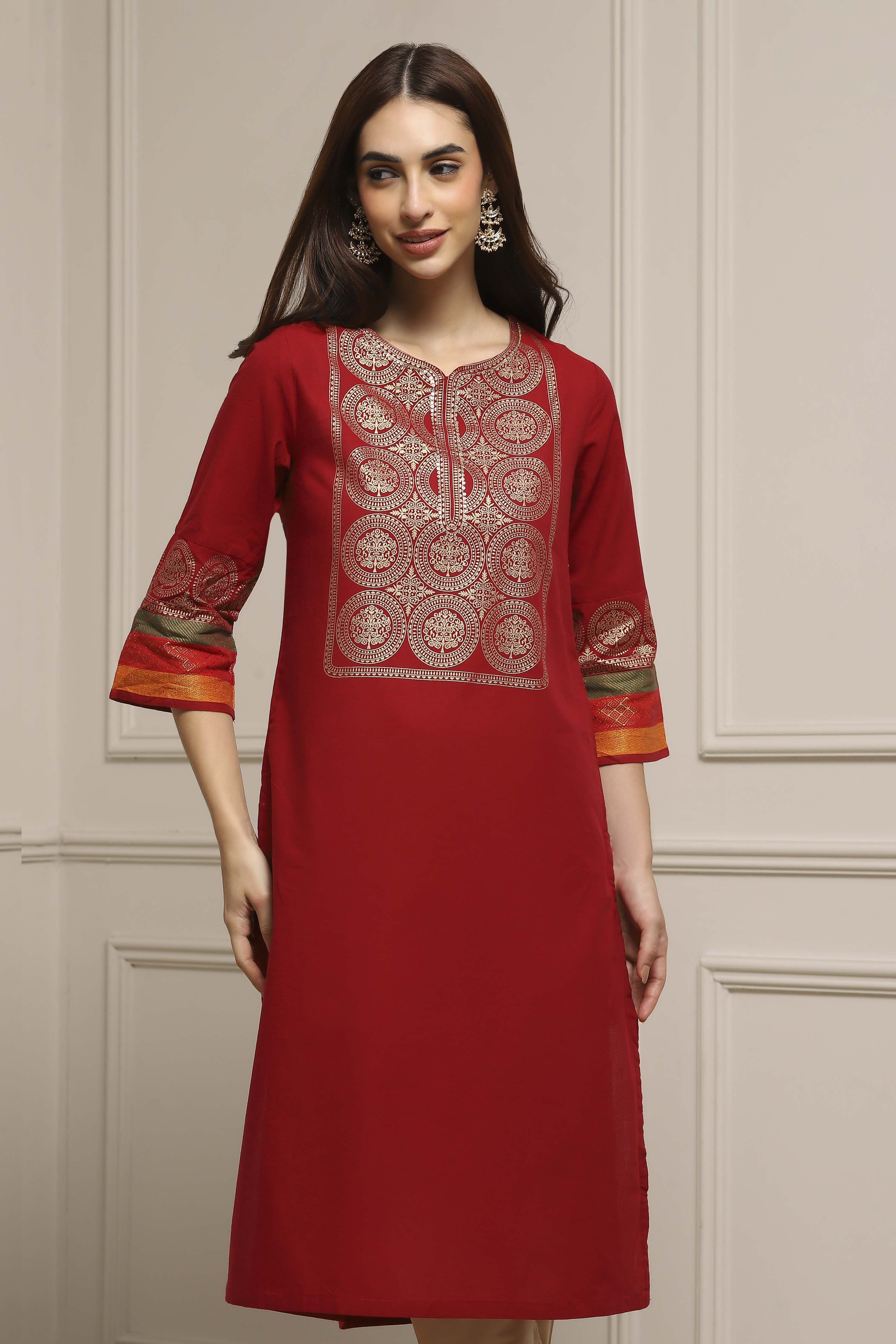 Red Cotton Straight Kurta image number 6