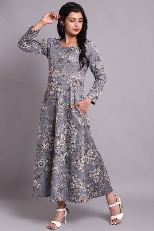 Grey Floral Winter Printed Dress image number 2