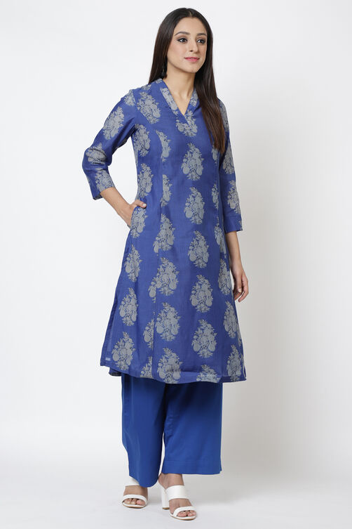 Royal Blue Art Silk Kurta Pants Set Kurta, Straight Palazzo at Biba India
