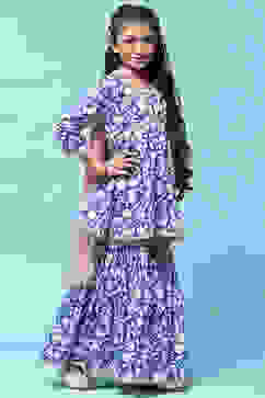 Blue Printed Cotton Peplum Kurta & Garara With Net Dupatta image number 6