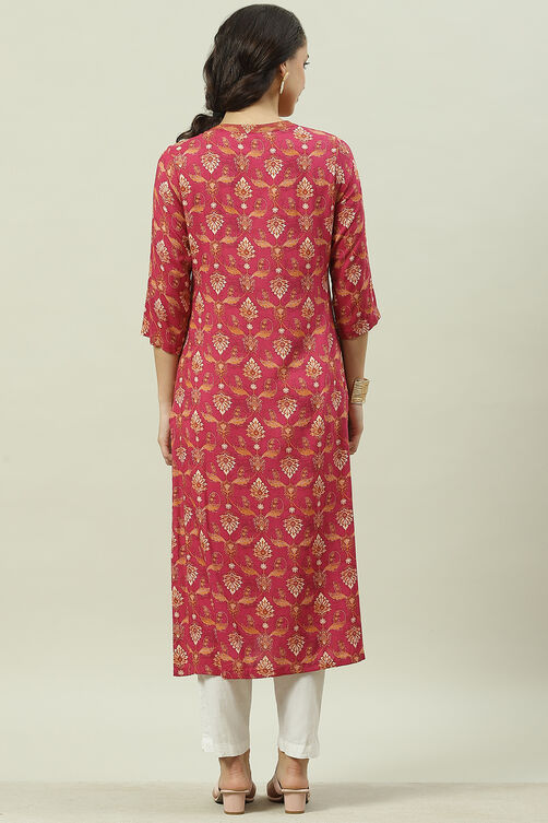 Pink Rayon Straight Printed Kurta image number 4