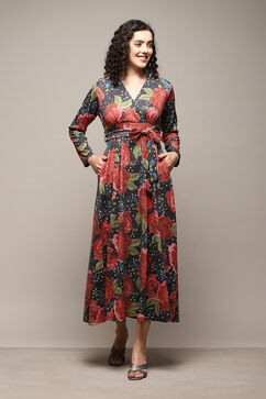 Black Cotton Blend A-Line Printed Dress image number 0