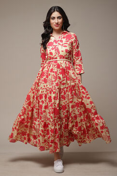 Beige Cotton Tiered Printed Dress image number 0