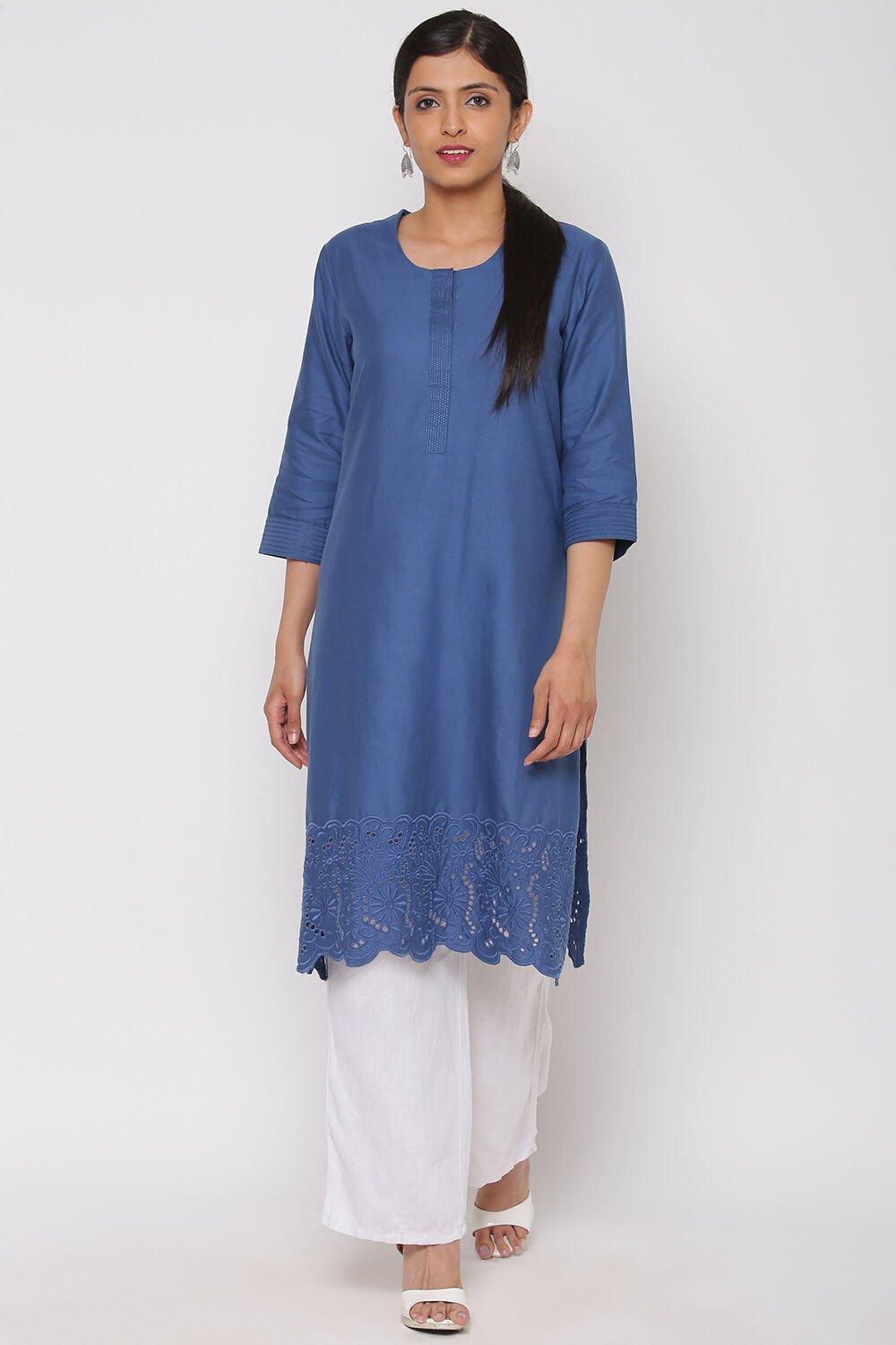 Blue Cotton Linen Solid Kurti