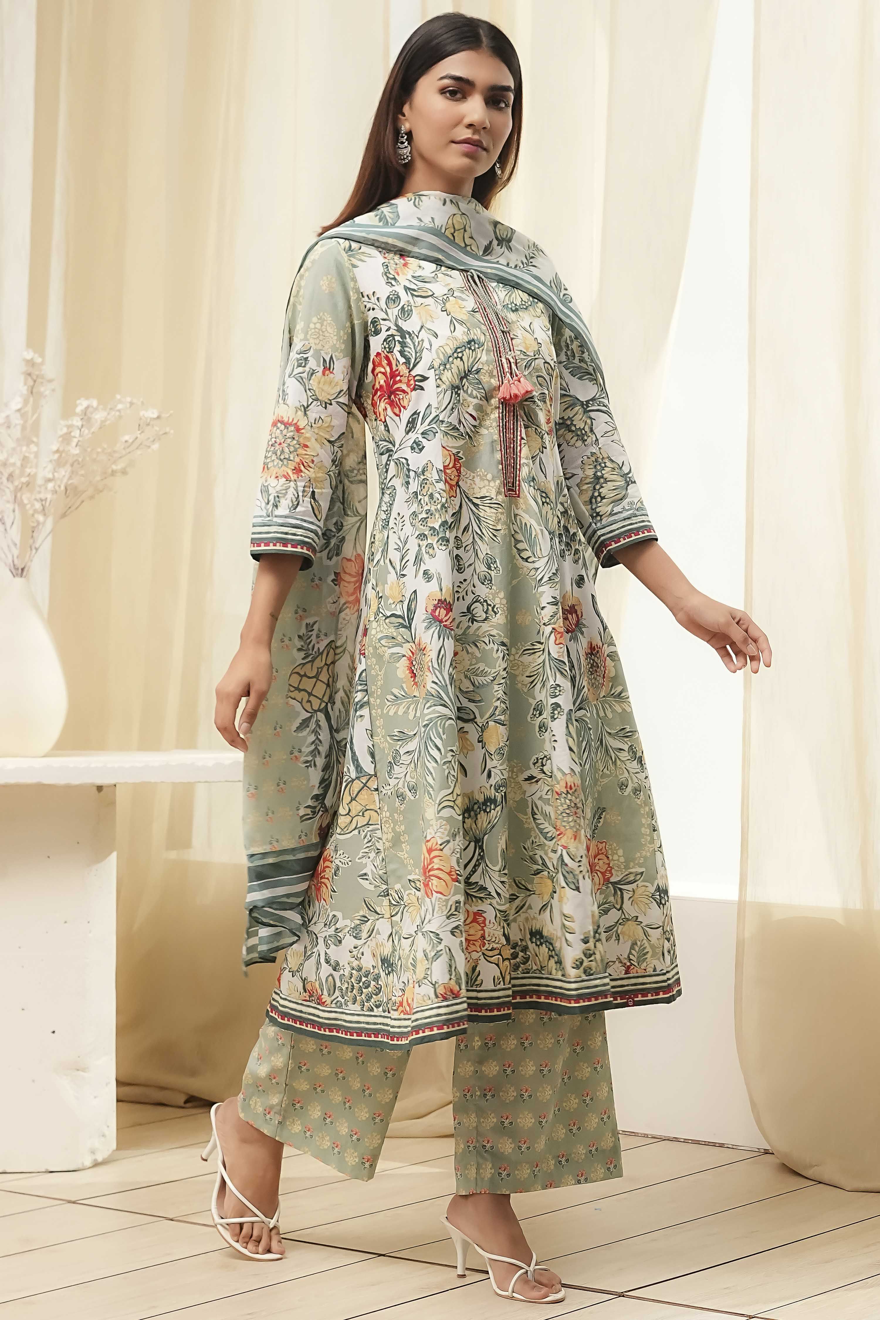 Sage Green Pure Cotton Floral Kalidar Suit Set image number 5