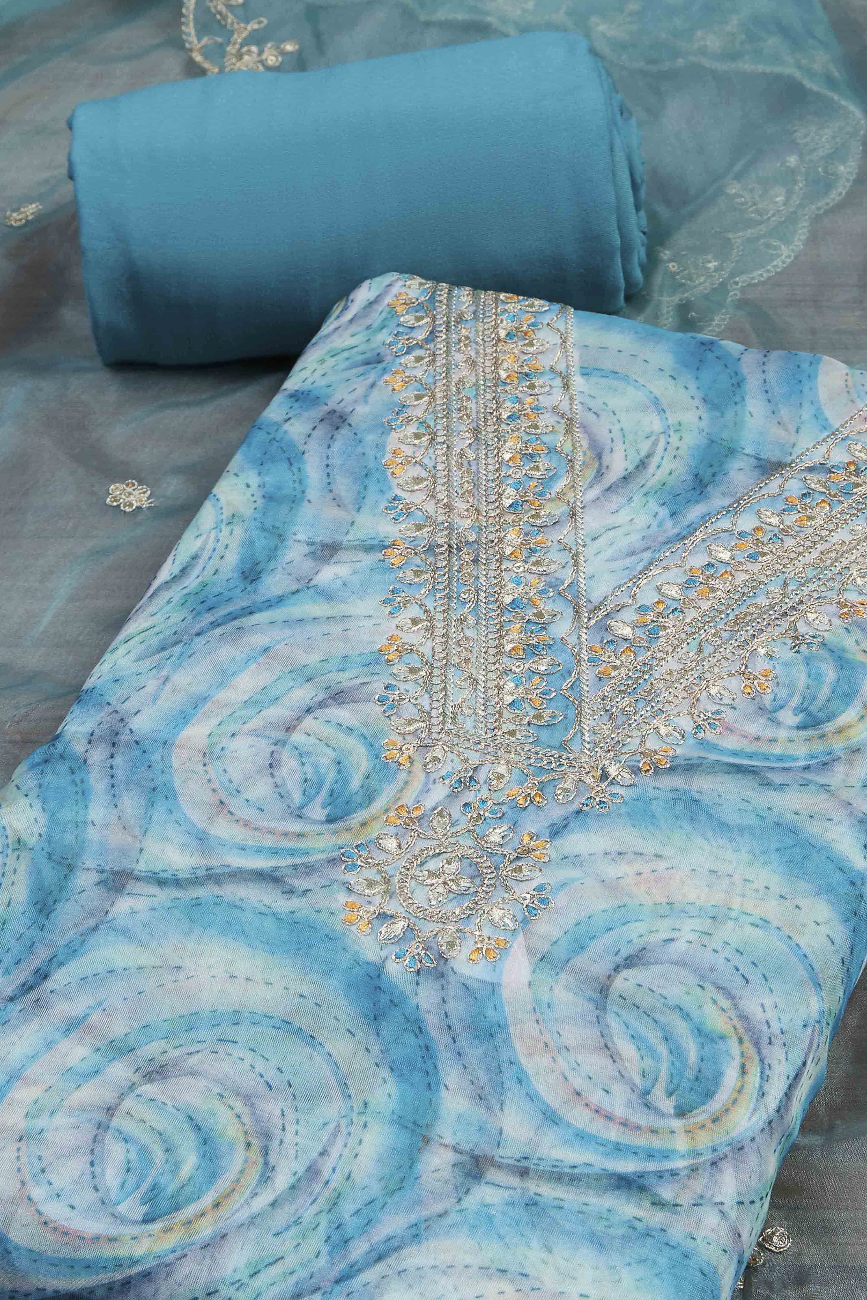 Blue Organza Rajasthani Print Unstitched Suit Set image number 1