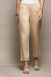 Beige Cotton Slim Solid Pants image number 5