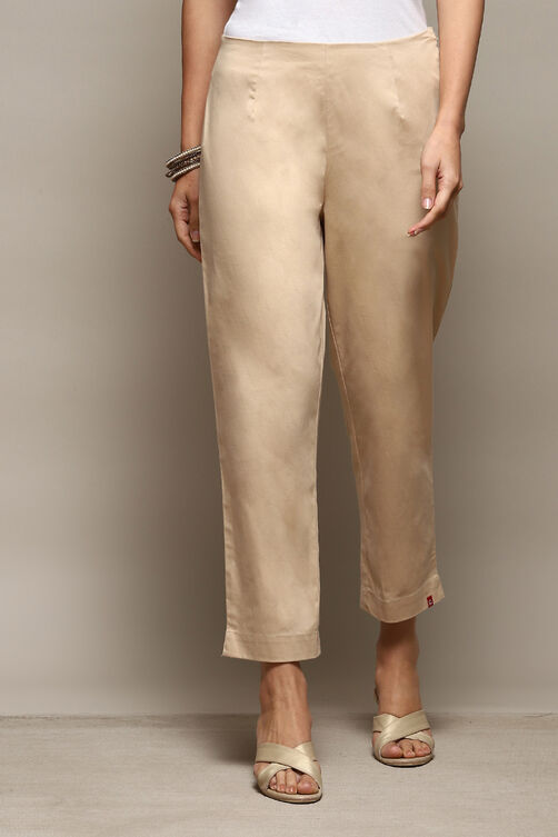 Beige Cotton Slim Solid Pants image number 5