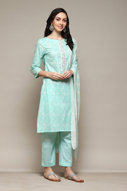 Green Cotton Hand Embroidered Unstitched Suit Set image number 7