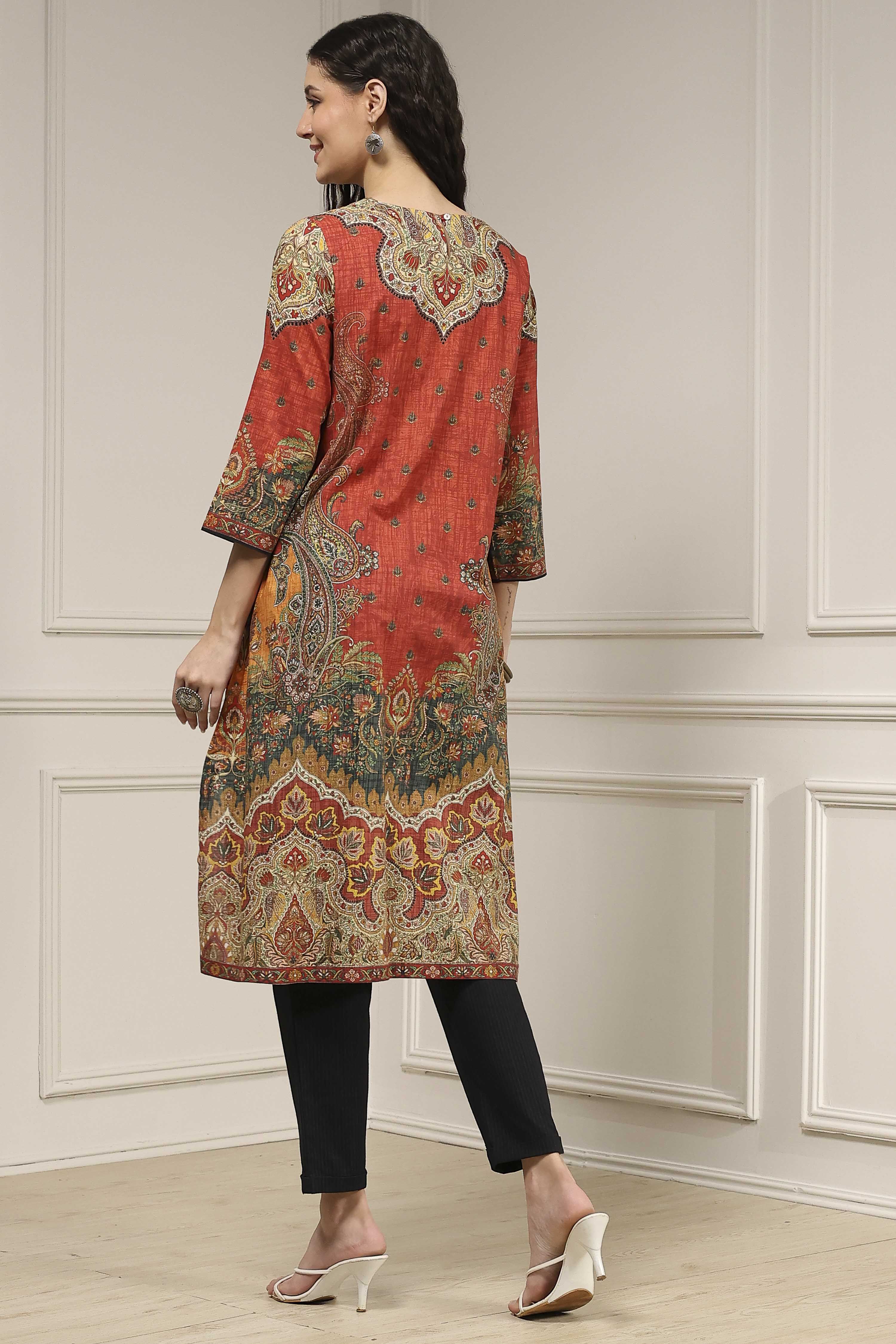 Blue Cotton Printed Straight Kurta image number 3