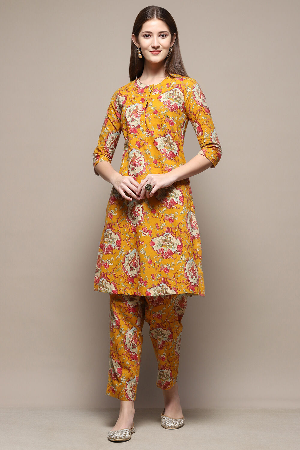Mustard Cotton Straight Kurta Relaxed Pant Suit Set image number 0