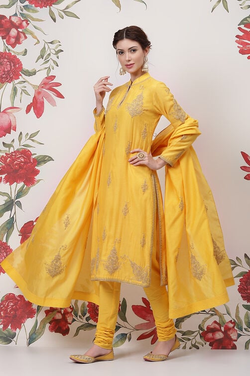 Rohit Bal Yellow Cotton Silk Straight Yarndyed Suit Set image number 0