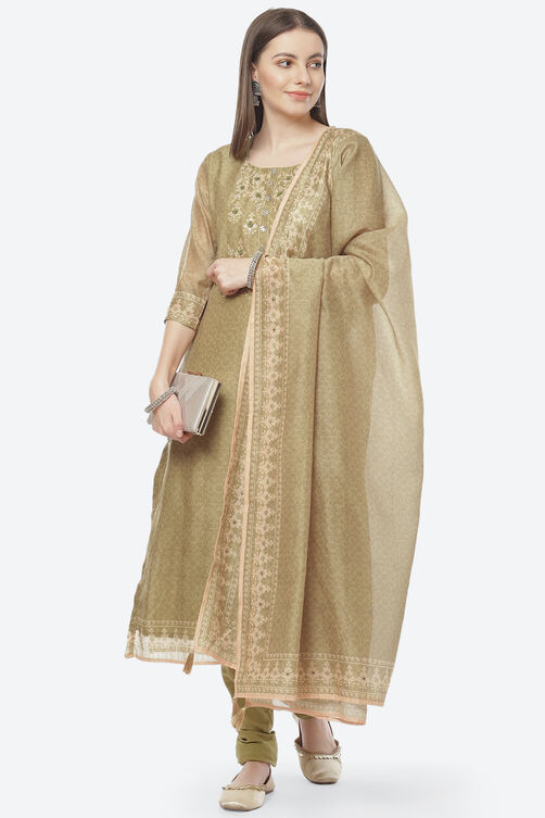 Light Green Cotton Blend Hand Embroidered Unstitched Suit Set image number 7