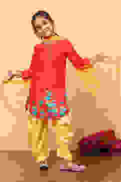 Red and Yellow Cotton Printed Straight Suit Set image number 0