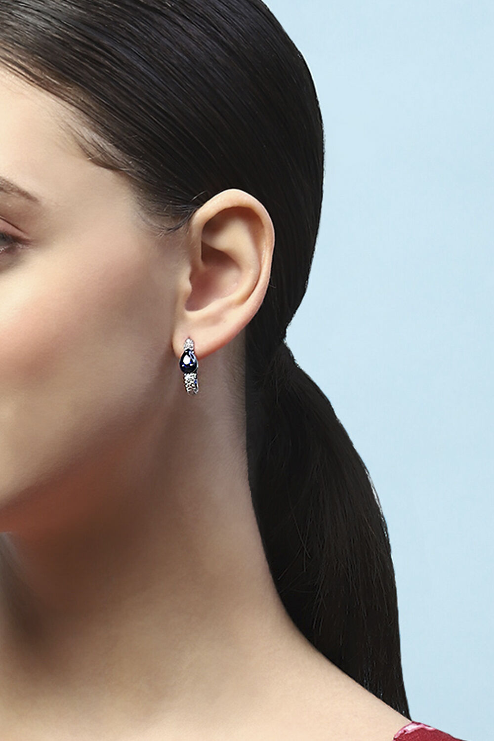 Navy Blue Silver-Plated CZ Studded Rectangular Hoops image number 3