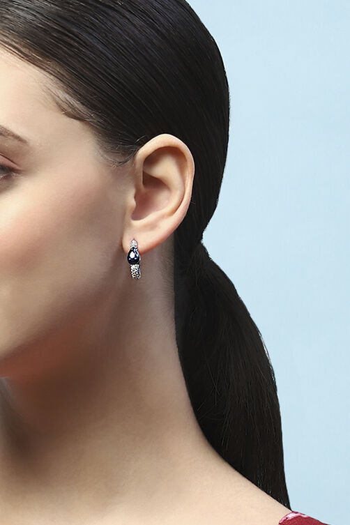 Navy Blue Silver-Plated CZ Studded Rectangular Hoops image number 3