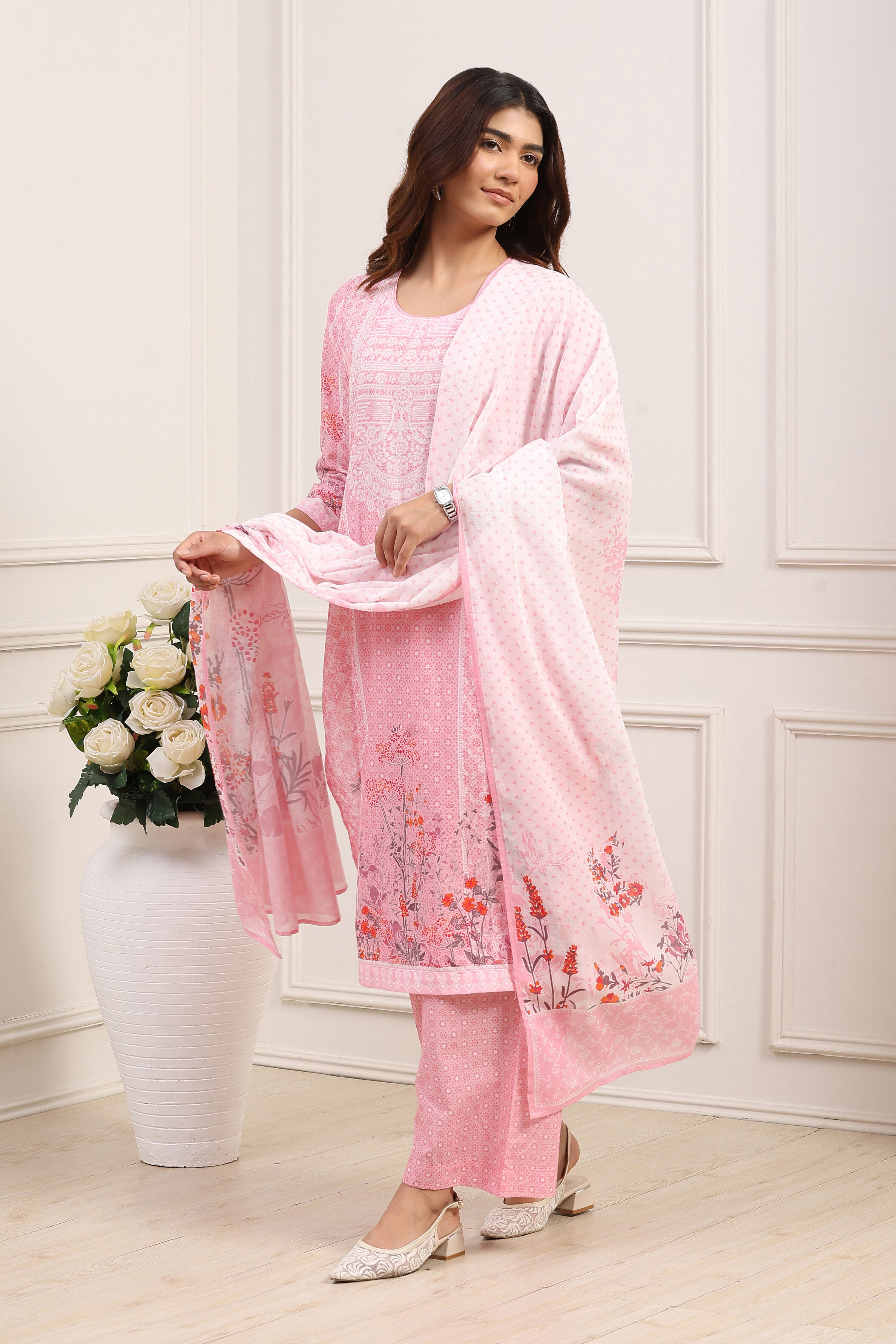 Powder Blue Cotton Straight Kurta Palazzo Suit Set image number 3