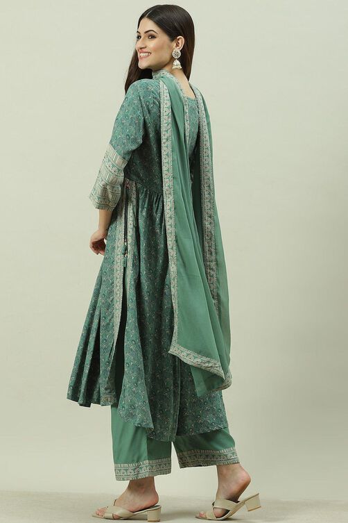 Sage Green Rayon Gathered Kurta Palazzo Suit Set image number 5