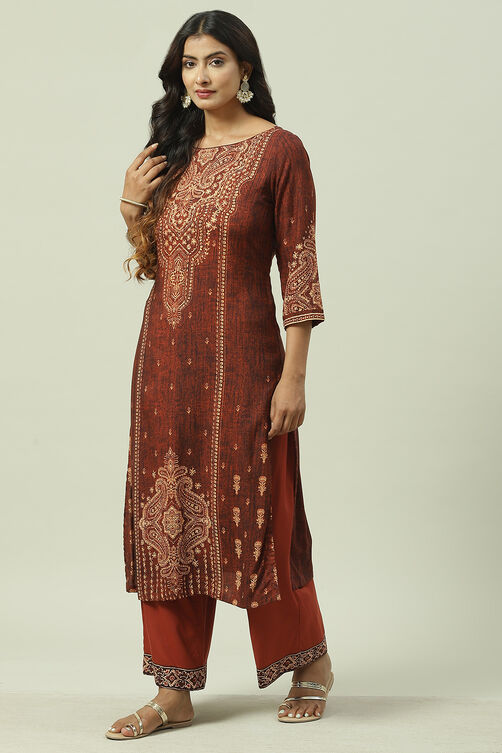 Brown Rayon Straight Printed Kurta image number 2