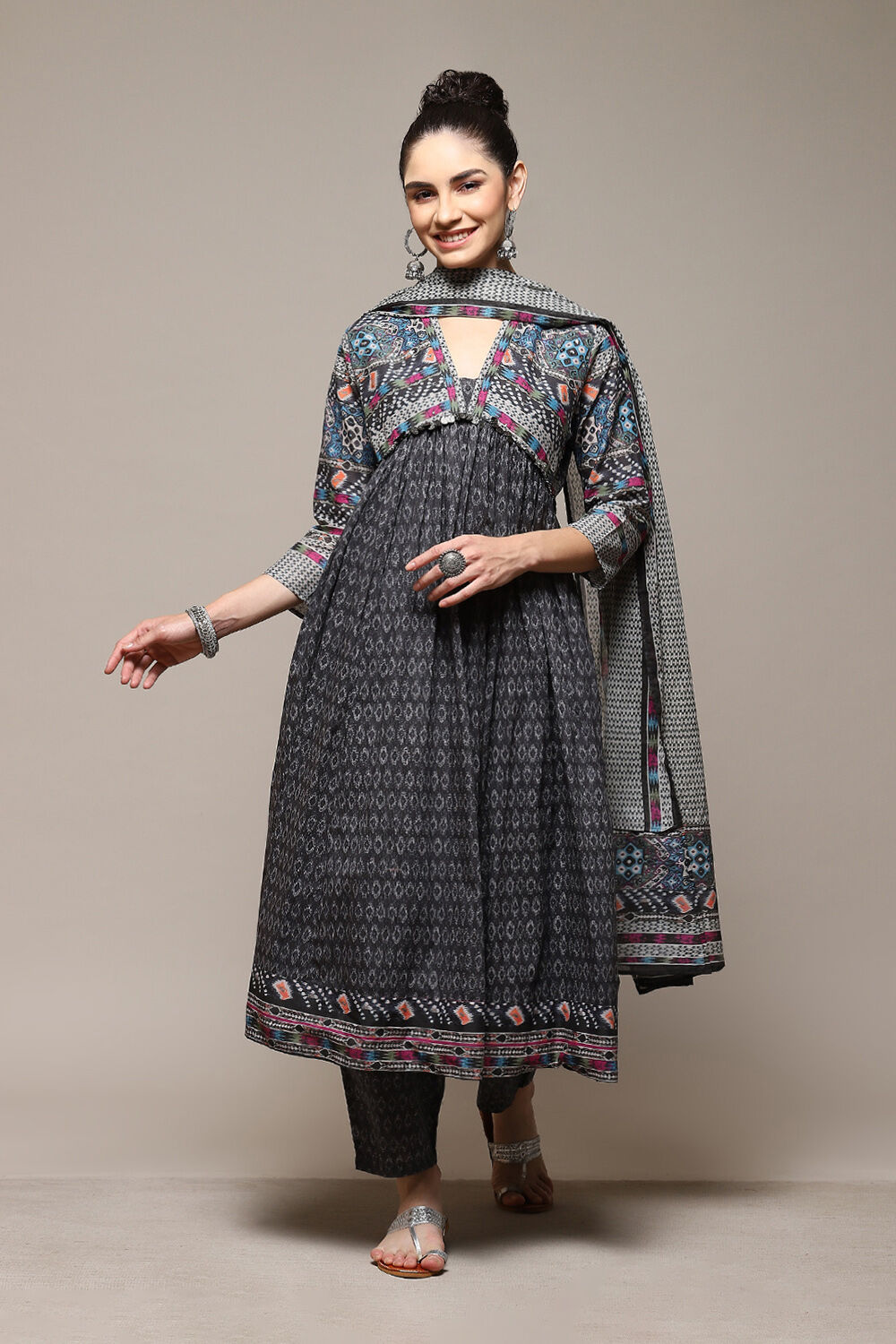 Charcoal Cotton Anarkali Printed Kurta Relaxed Salwar Suit Set