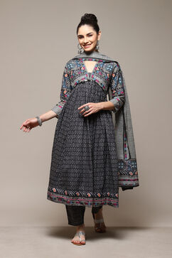 Charcoal Cotton Anarkali Printed Kurta Relaxed Salwar Suit Set image number 7
