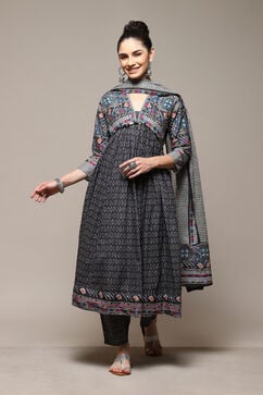 Charcoal Cotton Anarkali Printed Kurta Relaxed Salwar Suit Set image number 0