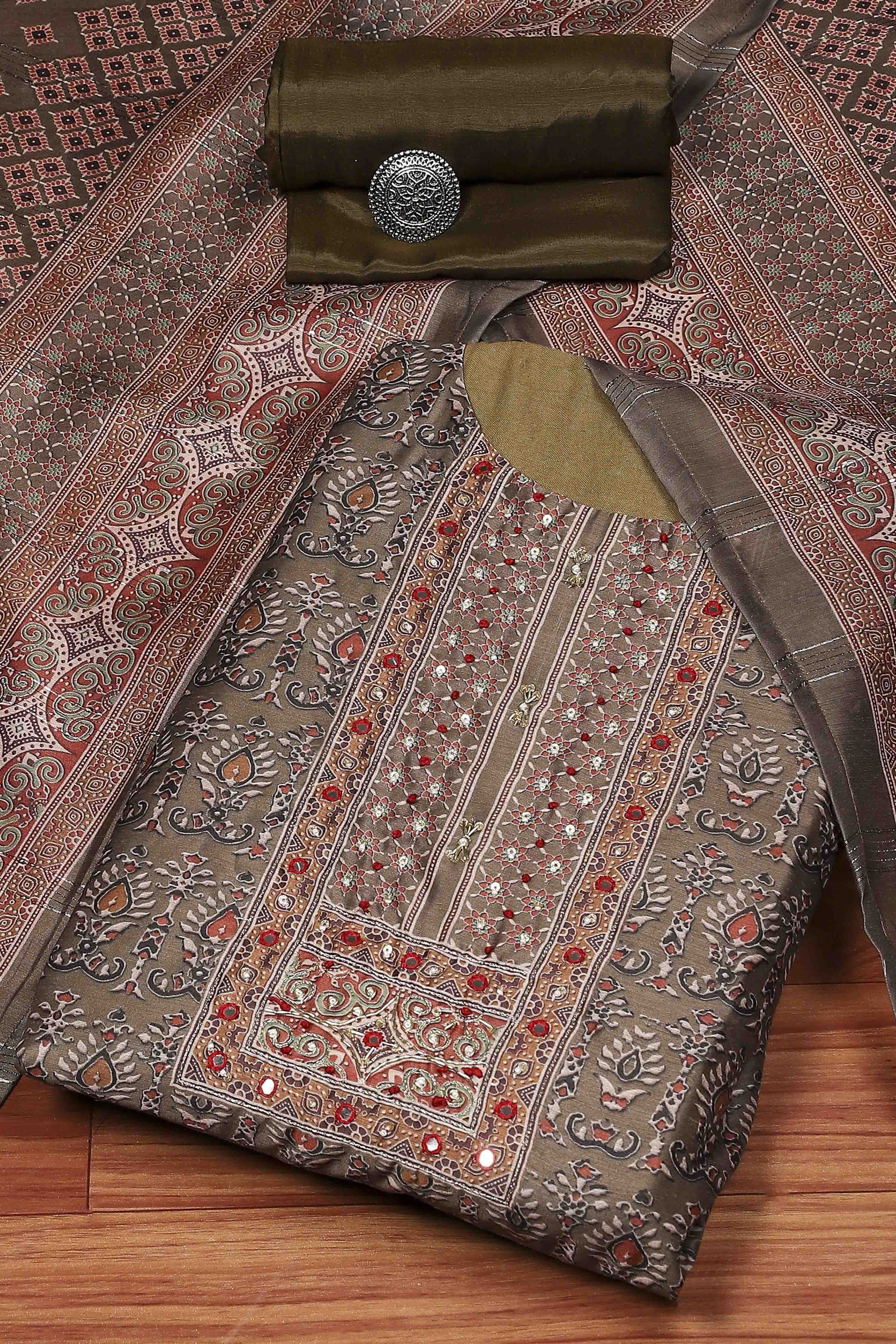 Green Chanderi Blend Printed Embroidered Unstitched Suit Set image number 0