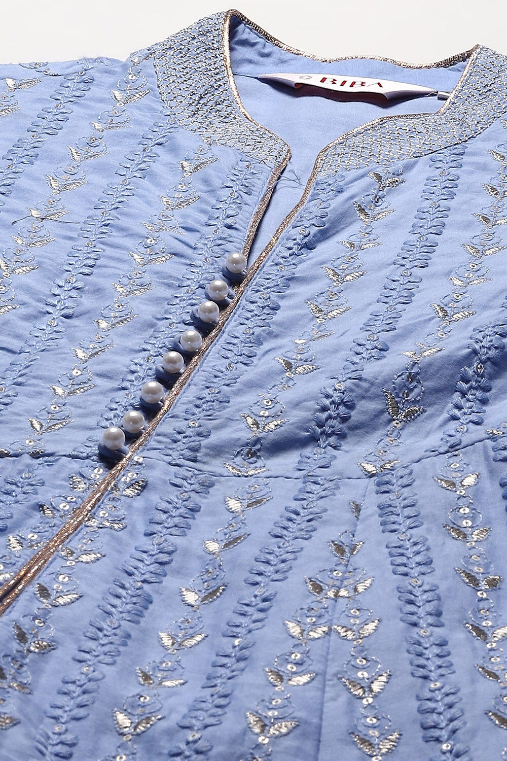 Aqua Blue Cotton Anarkali Kurta Lehenga Set image number 1