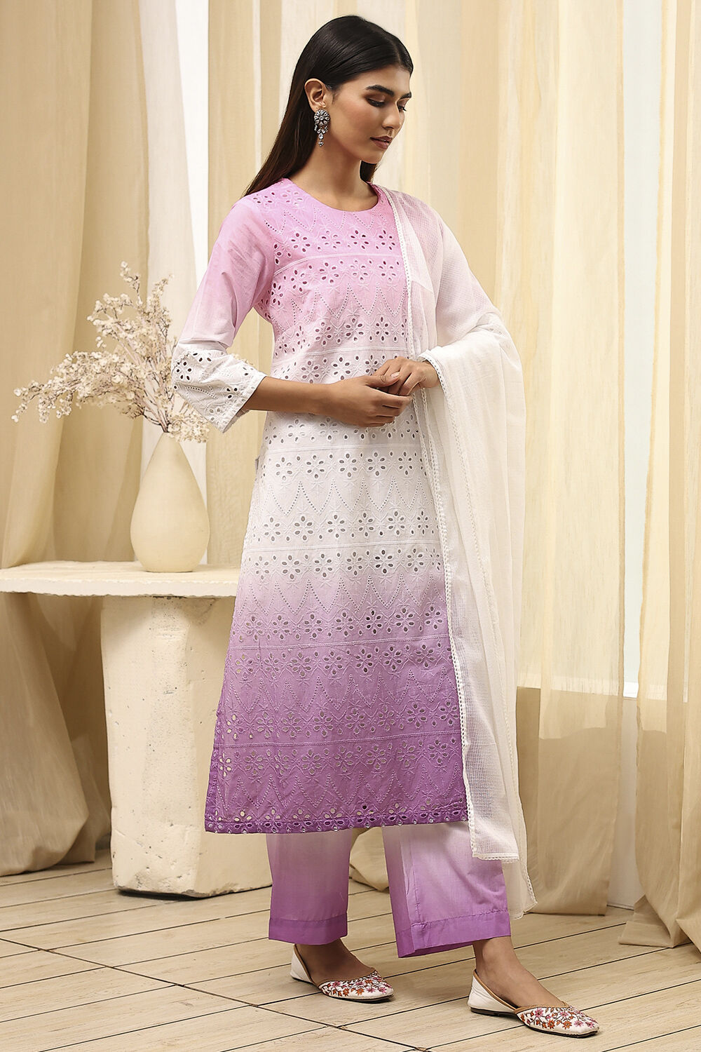Pink Cotton Schiffli Straight Suit Set image number 4