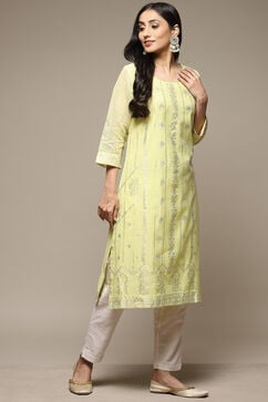Lime Green Cotton Blend Straight Printed Kurta image number 0